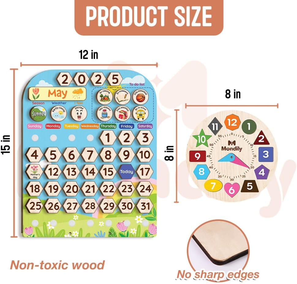 Skiennix Interactive Wooden Calendar for Kids Ages 3+ | Teach Seasons & Days | 12 x 15 Inches