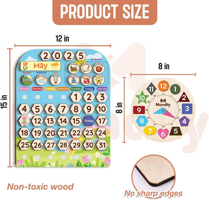 Skiennix Interactive Wooden Calendar for Kids Ages 3+ | Teach Seasons & Days | 12 x 15 Inches