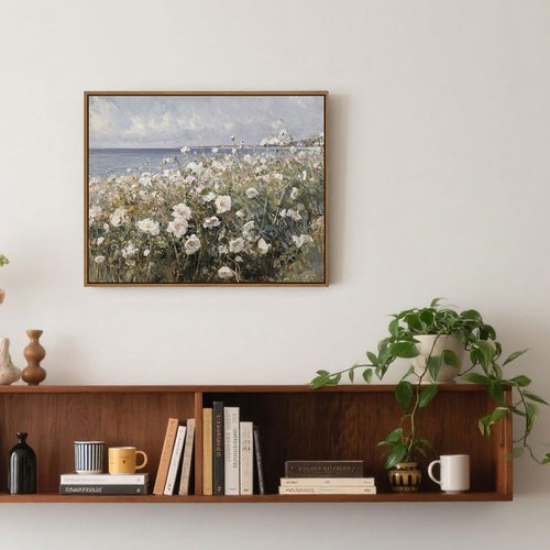 Framed Landscape Wall Art - Blue Ocean Theme Floral Prints | Modern Abstract Decor 8x10 Inch