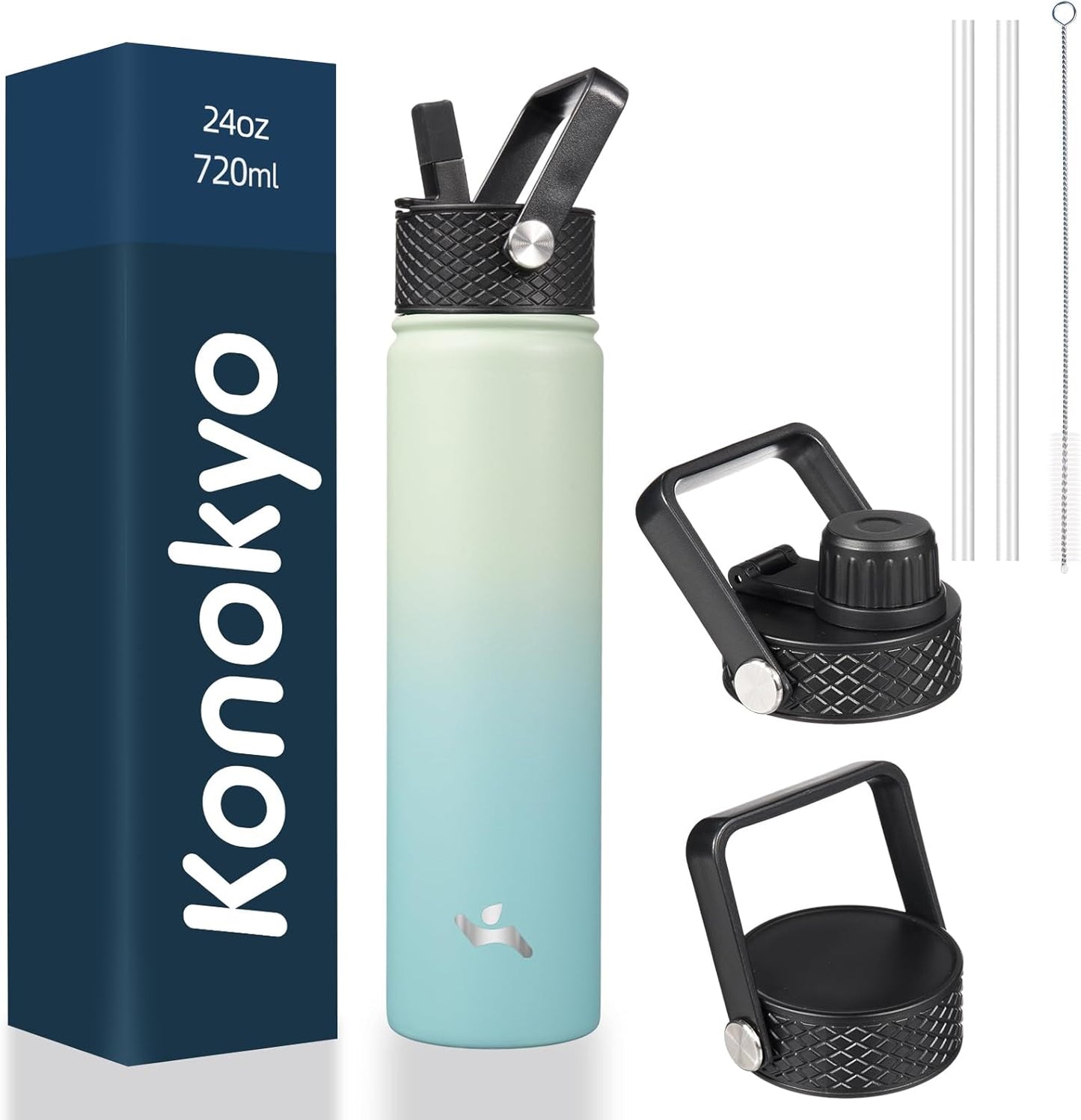 Skiennix Insulated Water Bottle - 24oz Stainless Steel Sport Bottle with 3 Lids | Mint Color