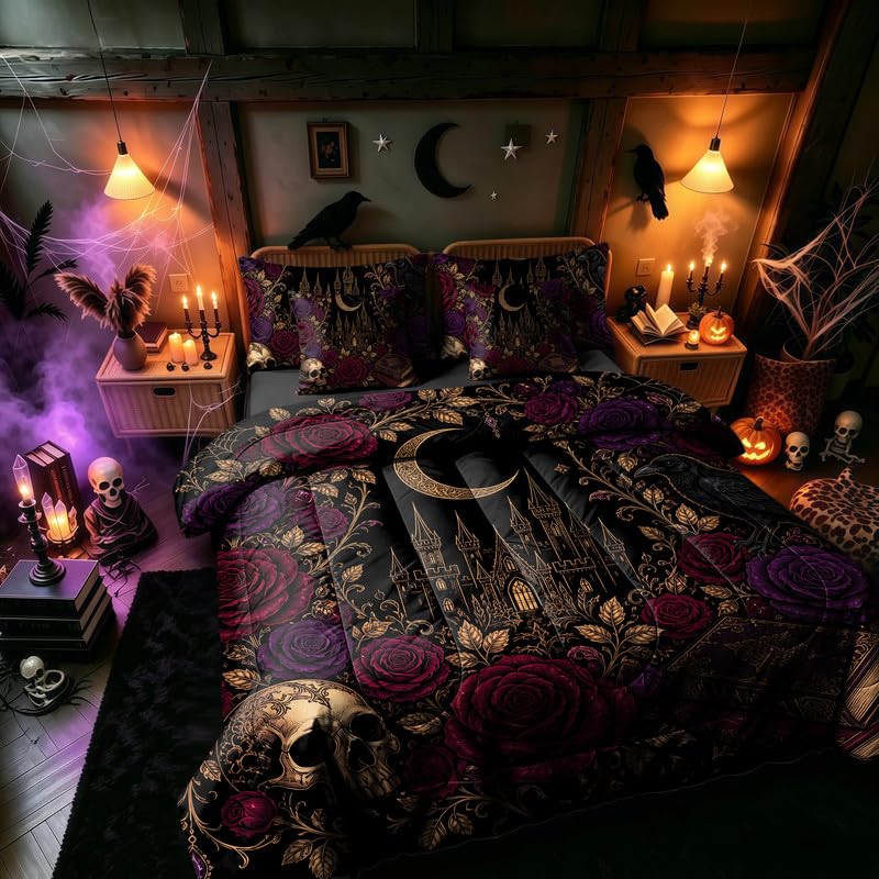 Gothic Comforter Set Queen 7 Piece Halloween Skull Bedding with Red Roses - Skull 03 Variation