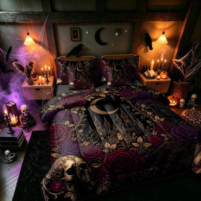 Gothic Comforter Set Queen 7 Piece Halloween Skull Bedding with Red Roses - Skull 03 Variation
