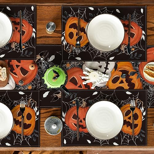 Halloween Black Pumpkins Spider Web Placemats Set of 6 12x18 Inch - Fall Holiday Decor