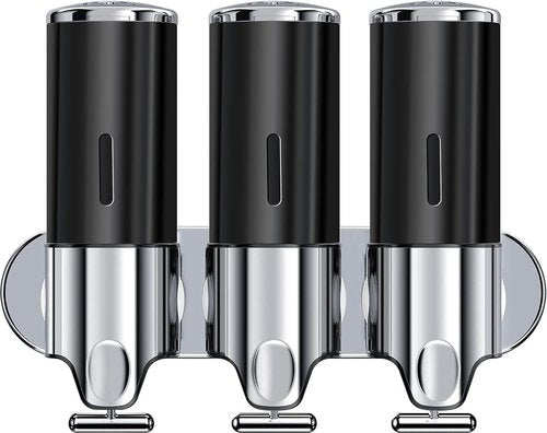 3 in 1 Bathroom Shampoo and Conditioner Dispenser with Waterproof Labels - Drill Free Shower Soap Dispenser Wall Mounted for Home Hotel RV | 3x17oz Refillable Bottles