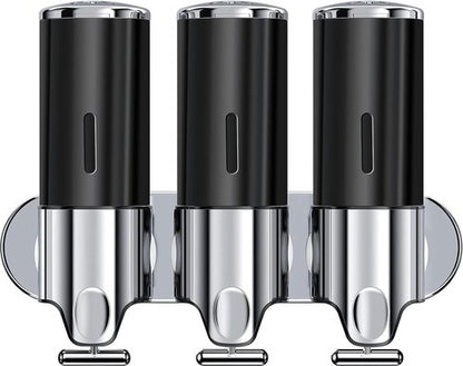 3 in 1 Bathroom Shampoo and Conditioner Dispenser with Waterproof Labels - Drill Free Shower Soap Dispenser Wall Mounted for Home Hotel RV | 3x17oz Refillable Bottles