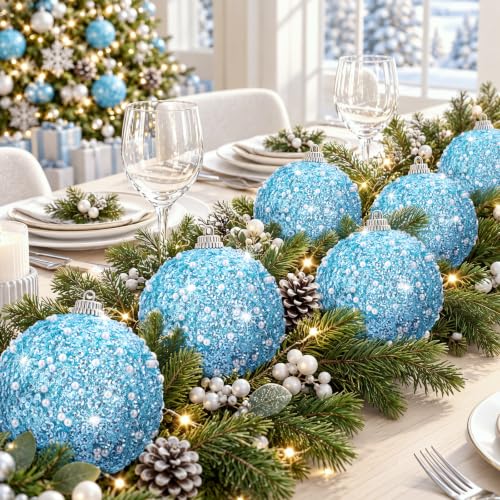 12 Pcs Light Blue Christmas Ball Ornaments 3.15 Inch Holiday Tree Decorations