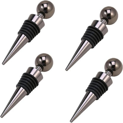 4-Pack Wine Stoppers, Stainless Steel Wine Bottle Stoppers with Silicone, Reusable Bottle Stooper, Beverage Stopper, Leak Proof Keep Fresh Suitable for Standard (Black)