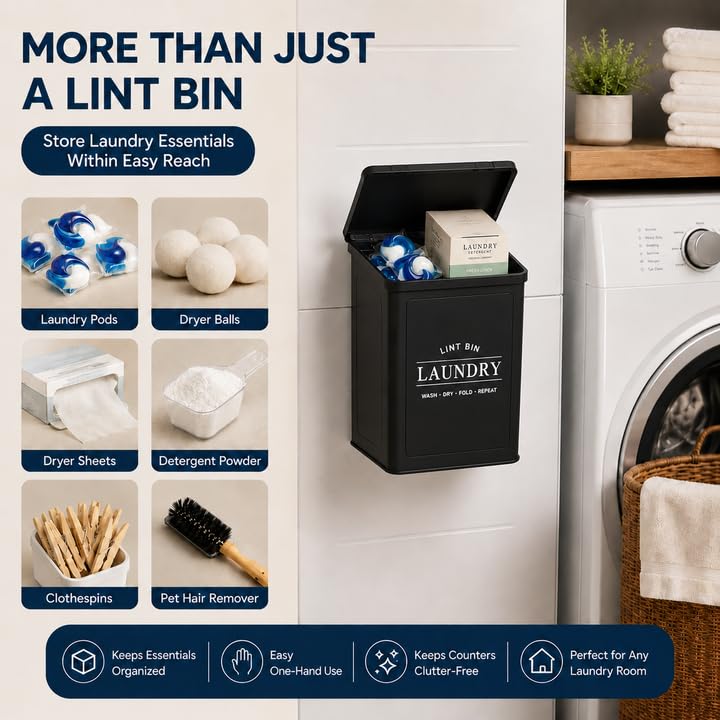 Lint Bin for Laundry Room Black - Dryer Lint Catcher with Mounting Options