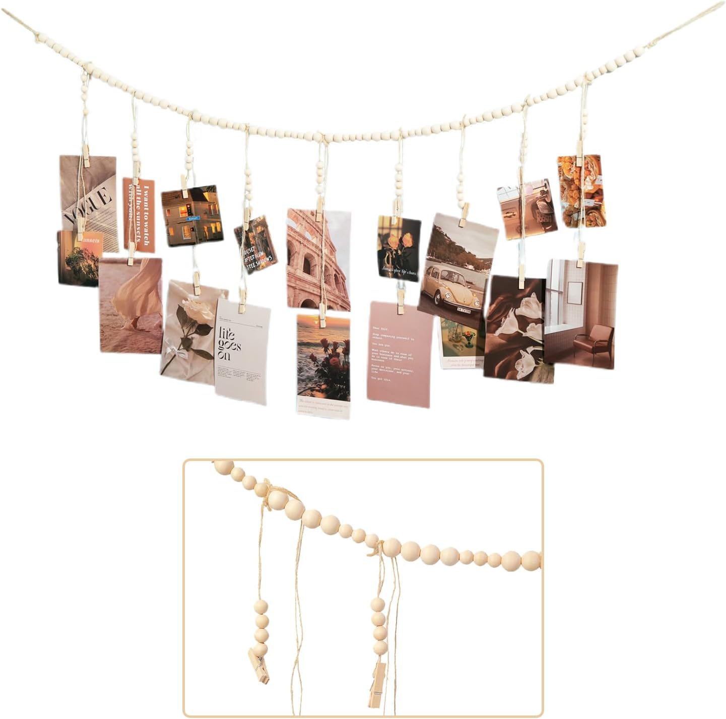 Skiennix Hanging Photo Display - 18 Wood Clips & Boho Wooden Bead Wall Décor for Bedroom & Living Room