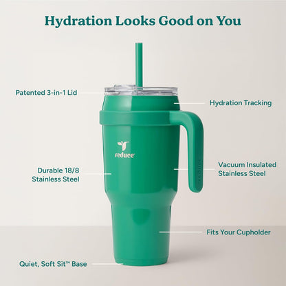 Reduce 40 oz Stainless Steel Tumbler - Insulated Travel Mug with Handle & Reusable Straw | Keeps Drinks Cold for 24 Hrs, Dishwasher Safe - Palm Leaf