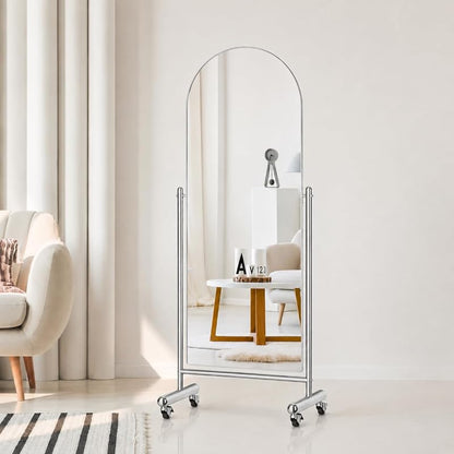Arched Full Length Mirror with Wheels 65" x 24" - Tilting Stainless Steel Framed Full Body Mirror (Silver)