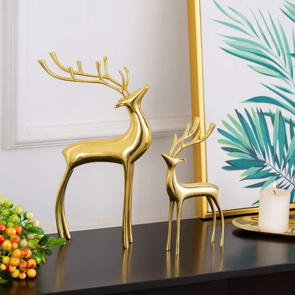 Sziqiqi Reindeer Figurine Statues Deluxe Set of 2, Christmas Deer Pure Copper Heavy Reindeer Ornaments for Home Decor Accents Living Room Office Bookself Tabletop Mantle Christmas Decoration, Gold