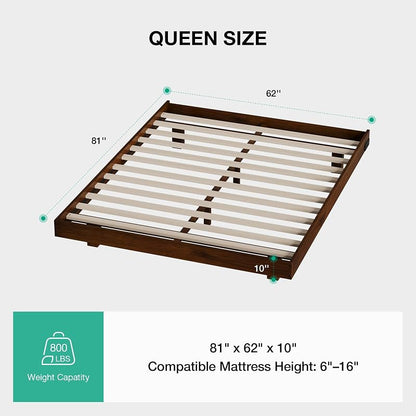 Novilla Walnut Finish Floating Queen Bed Frame with Motion Sensor LED Light & USB-C Power Station