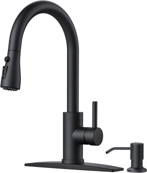 FORIOUS Black Kitchen Faucet - Pull Down Sprayer with Soap Dispenser | Classic High Arc Design for Farmhouse & RV