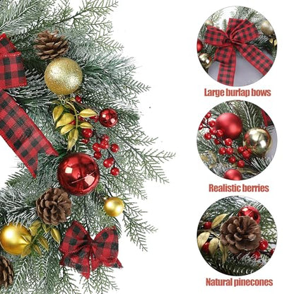 Artificial Christmas Wreath 20 Inch with Pine Needles Red Berries Pine Cones Buffalo Plaid Bow Christmas Decorations for Front Door - Red