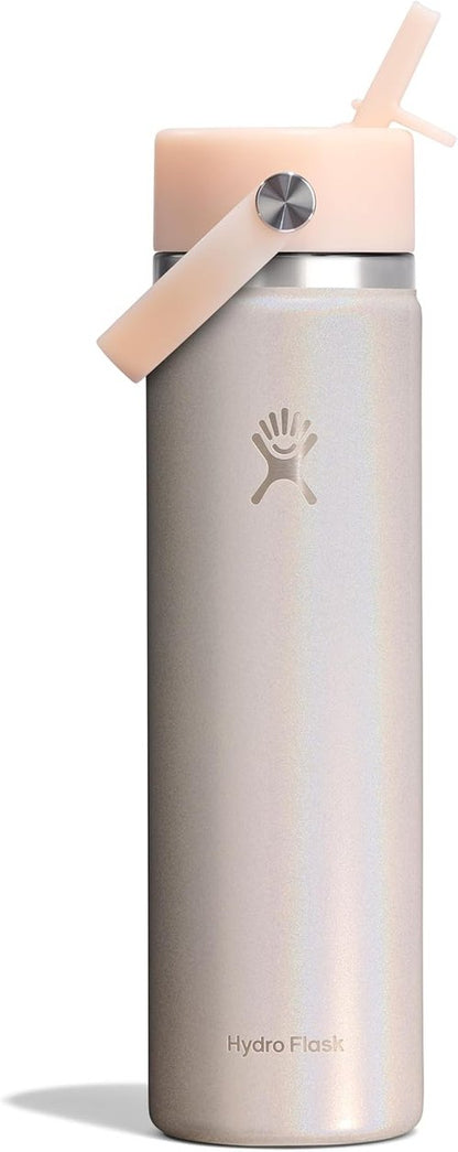 Hydro Flask Water Bottle - Insulated Stainless Steel - Non-Spill Wide Straw Lid | 24 Oz Glimmer Cream