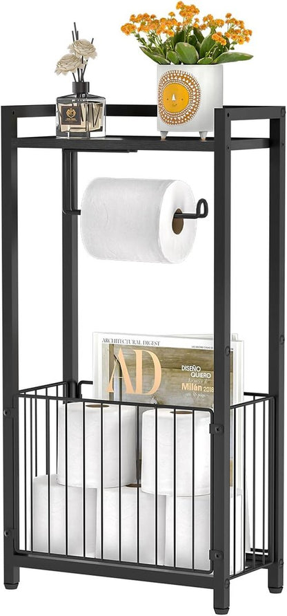 Freestanding Toilet Paper Holder - Stylish Bathroom Tissue Stand with Storage Shelf for Phone & Magazines