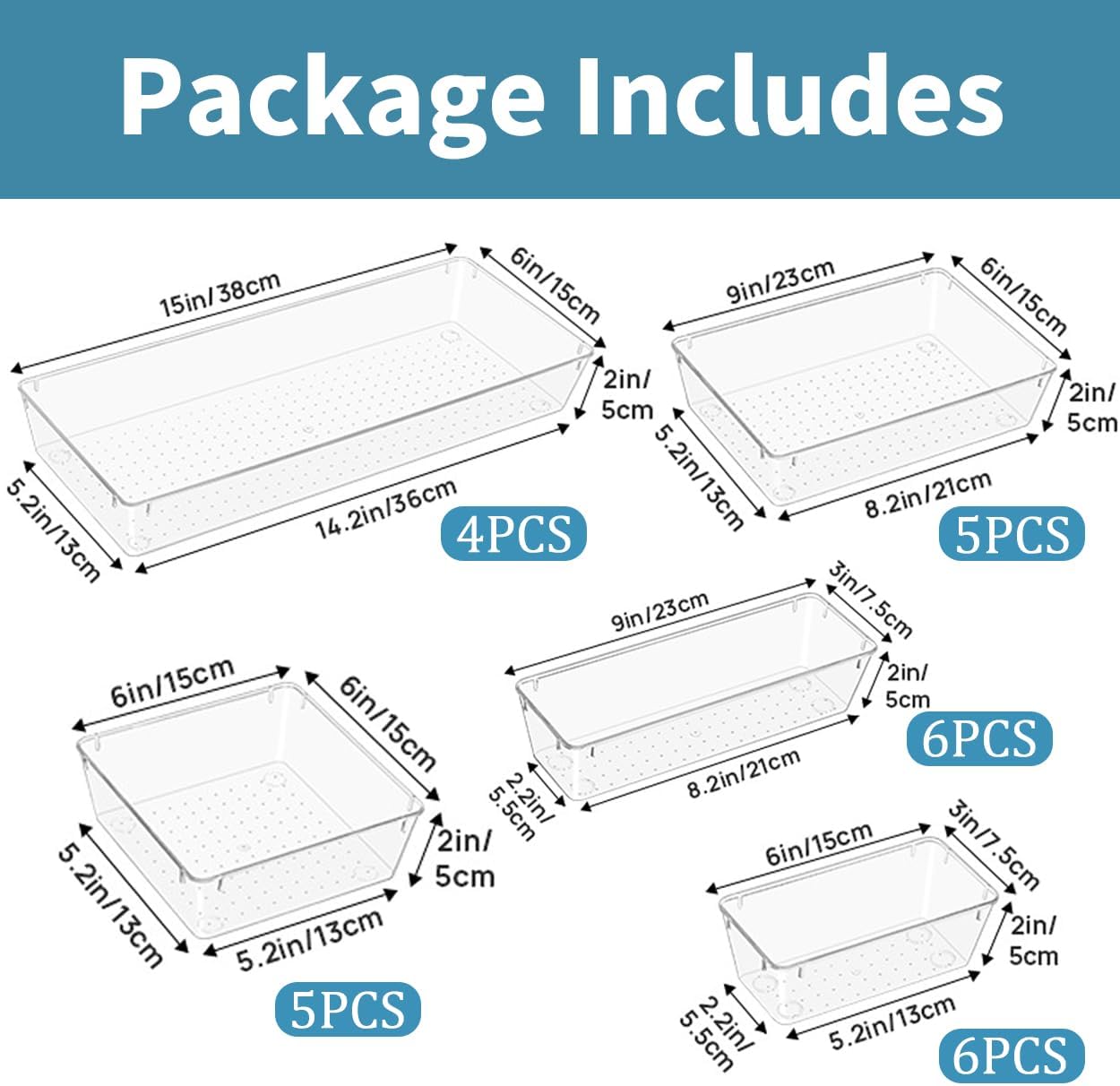 Skiennix 26 PCS Clear Drawer Organizer Bins - Versatile Plastic Storage Trays with Non-Slip Pads for Makeup, Jewelry, and Office Supplies