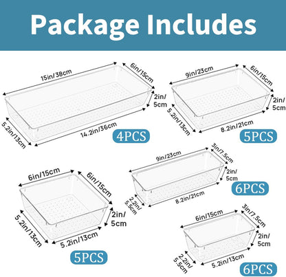 Skiennix 26 PCS Clear Drawer Organizer Bins - Versatile Plastic Storage Trays with Non-Slip Pads for Makeup, Jewelry, and Office Supplies