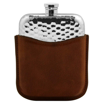 English Pewter Company 6oz Hammered Pewter Liquor Hip Flask with Luxury Brown Leather Pouch [PLF03]