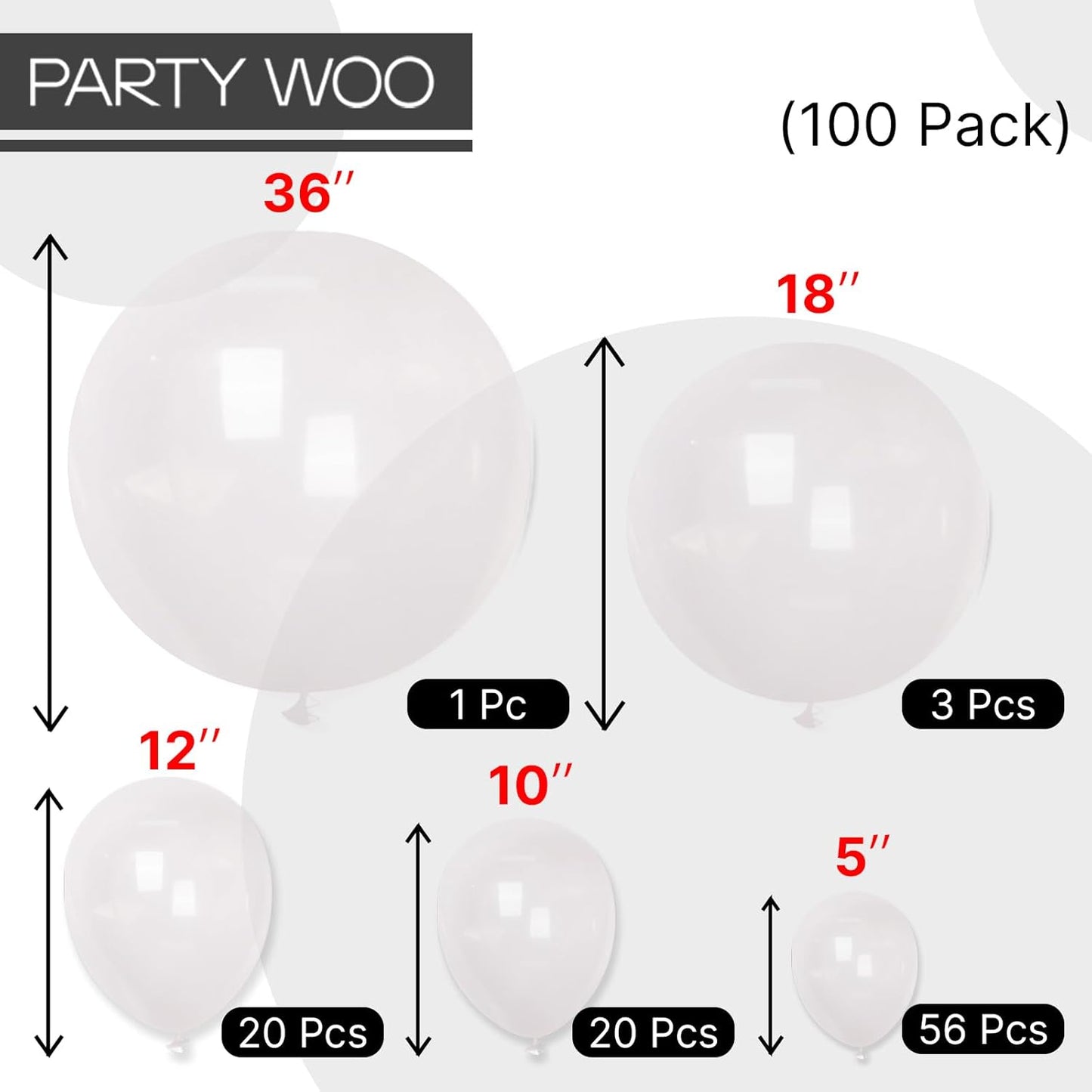 PartyWoo Clear Balloons - 100pcs Transparent Balloon Arch Kit for Weddings, Graduations & More | 5-36 Inch Sizes