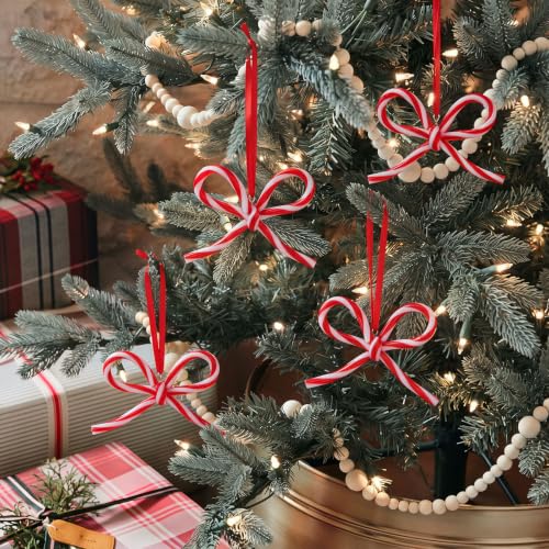 Candy Bow Ornaments for Christmas Tree Decorations - 24 Pieces, Candy Cane Style