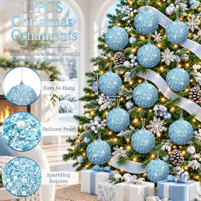 12 Pcs Light Blue Christmas Ball Ornaments 3.15 Inch Holiday Tree Decorations