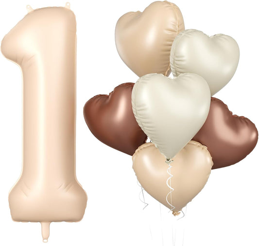 Biapian 40-Inch Light Brown Number 1 Balloon - Caramel & Cream Foil Heart for 1st Birthday Decor