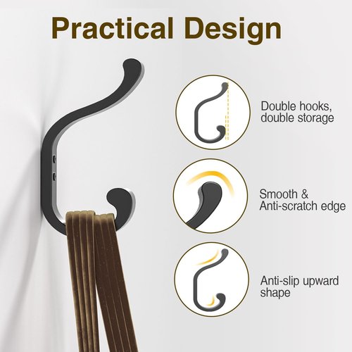 Bussdis Coat Hooks - Heavy Duty Wall Mount Hangers for Towels & Bags | Holds Up to 30 lbs, Black, 4 Pack