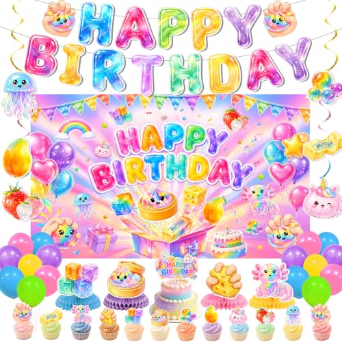 46Pcs Squishy Dumpling Birthday Decorations Party Kit - Balloon Banner Cake Toppers