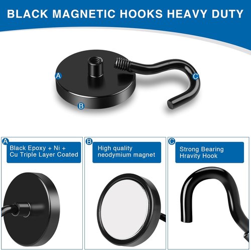 LOVIMAG Magnetic Hooks - Heavy Duty 50lbs+ Strong Magnets for Home & Kitchen | 12 Pack Black