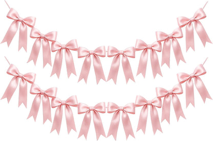 Skiennix Pink Bow Garlands - 16PCS Pre-Strung Satin Ribbon Ornaments for Parties & Celebrations