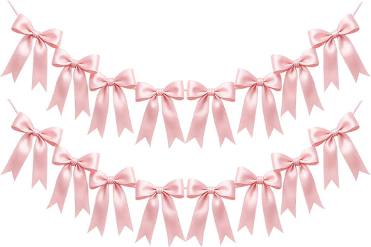 Skiennix Pink Bow Garlands - 16PCS Pre-Strung Satin Ribbon Ornaments for Parties & Celebrations