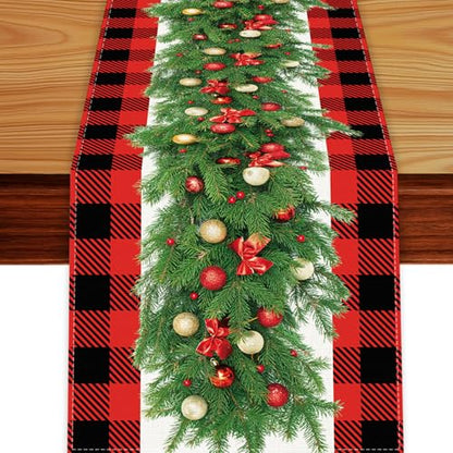 Christmas Garland Table Runner - Red & Black Buffalo Plaid, 13x90 Inches, Seasonal Holiday Decor
