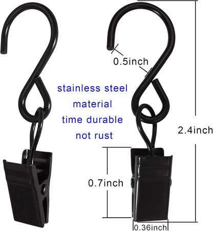 Stainless Steel S Hooks - 50 Pack Curtain Clips for Hanging Lights & Art Displays | 2.4 Inch, Black