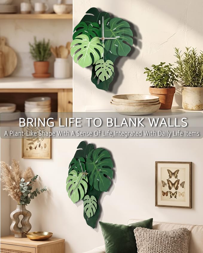 Leaf Wall Clock 15 Inch - Botanical Silent Pendulum, Non-Ticking, Green Variation