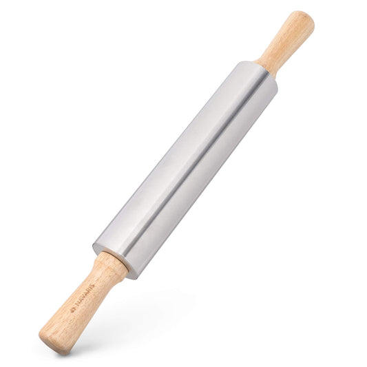 Navaris Stainless Steel Rolling Pin - 17" Non Stick Metal Roller with Wood Handles for Baking, Cooking, Cookies, Biscuits, Pizzas, Dough, Pastry