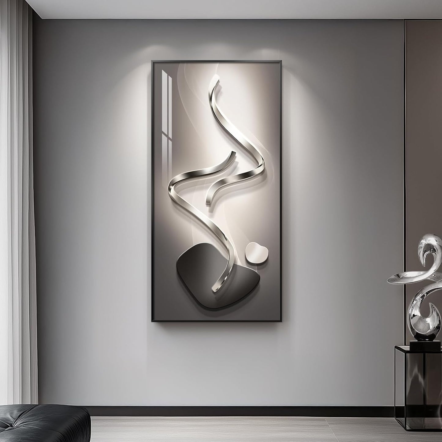 Modern Abstract Wall Art by [Brand Name] - Large 30x60 Inch Black & Grey Framed Prints for Living Room Decor