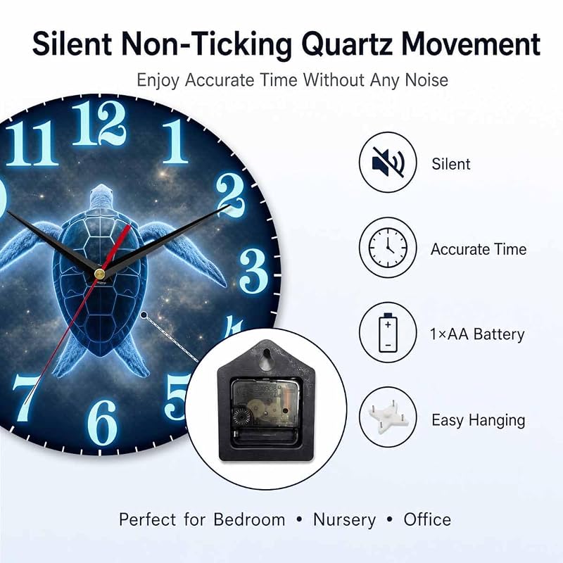Glow Sea Turtle Wall Clock 10 Inch - Silent Battery Operated, Variation: Glow Sea Turtle+10 Inch