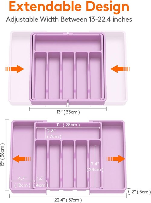 Lifewit Expandable Silverware Drawer Organizer - BPA-Free Utensil Tray for Kitchen | Adjustable 13-22 x 15" - Purple