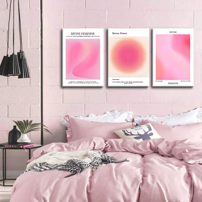 Trendy Aesthetic Canvas Wall Art - Set of 3 Pink Gradient Aura Angel Prints | Framed 12x16 Inch Room Decor