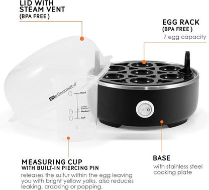 Elite Gourmet Easy Egg Cooker - Electric 7-Egg Capacity with Auto Shut-Off & Measuring Cup | Classic Black