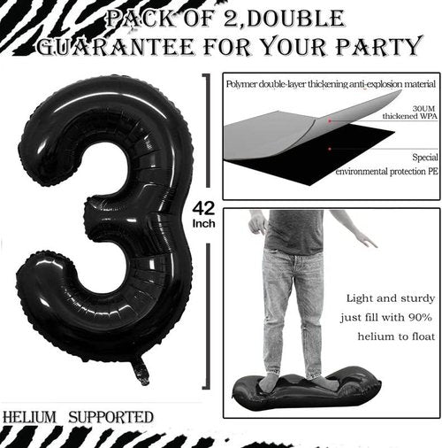 GOER Black Foil Number 3 Balloons - Huge 42 Inch Birthday Party Decorations (3 Pack)