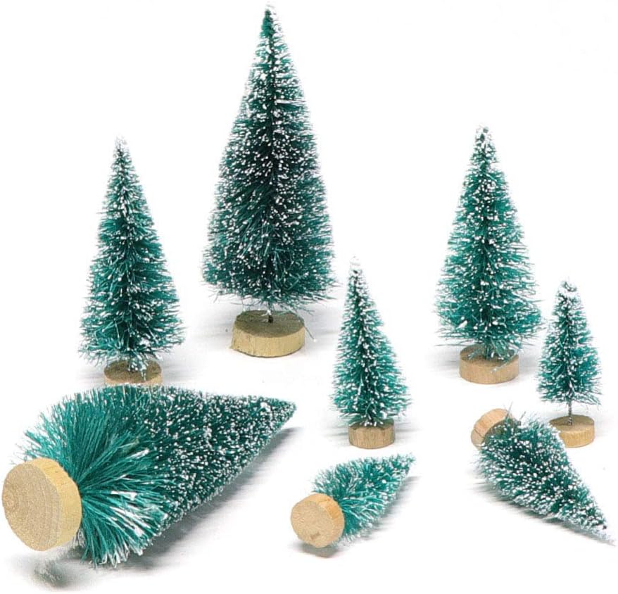 Skiennix Mini Bottle Brush Christmas Trees - 24 Pack with Wood Base | Blue-Green Winter Ornaments for Crafts