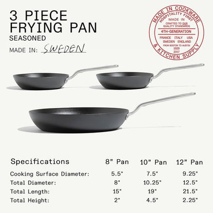 Made In Cookware - 3 Piece Seasoned Blue Carbon Steel Frying Pan Set | Induction Compatible | Professional Quality