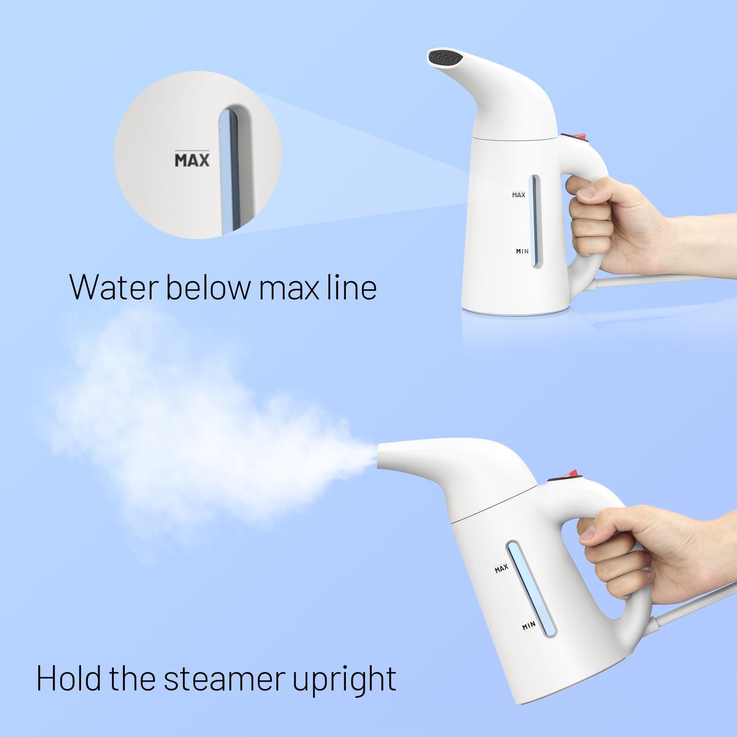 Steamer for Clothes Handheld,Portable Clothes Steamer Remove Wrinkle, 230ml Capacity Garment Steame Ideal for ALL Fabrics, 12 minutes Continuous Steam, One button Design, Easy to Use, mini (White)