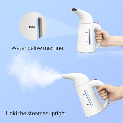 Steamer for Clothes Handheld,Portable Clothes Steamer Remove Wrinkle, 230ml Capacity Garment Steame Ideal for ALL Fabrics, 12 minutes Continuous Steam, One button Design, Easy to Use, mini (White)