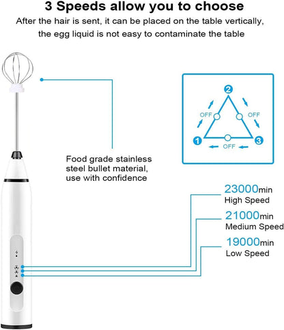 Rechargeable Milk Frother Handheld Electric Foam Maker with 2 Stainless whisks, 3-Speed Adjustable Mini Blender Perfect for bulletproof coffee,Egg Mix, Latte Coffee Cappuccino, Hot Chocolate Matcha