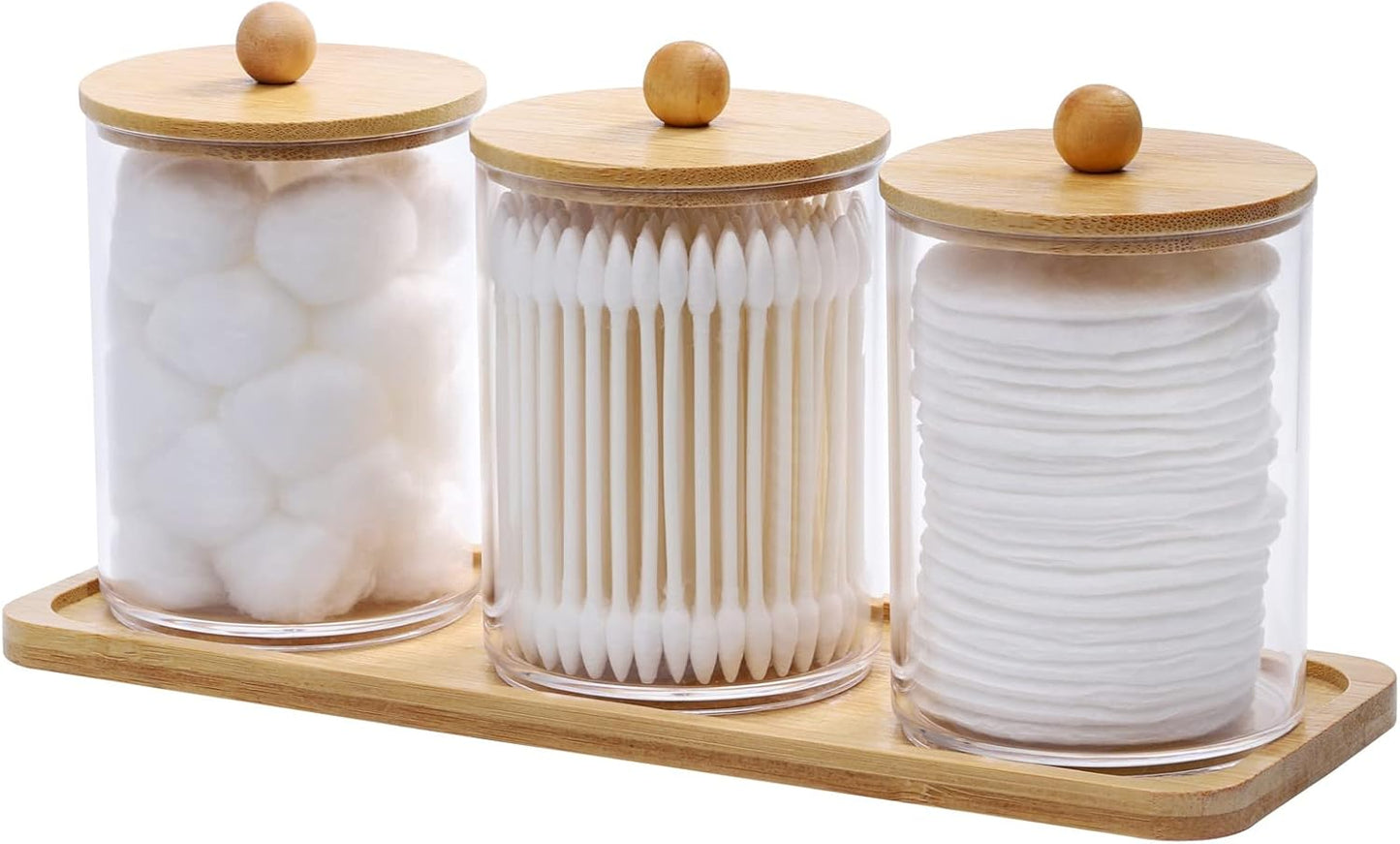Tbestmax Cotton Swab Holder - Clear Apothecary Jar with Vanity Tray | 10 Oz, 3 Pack with Wood Lids