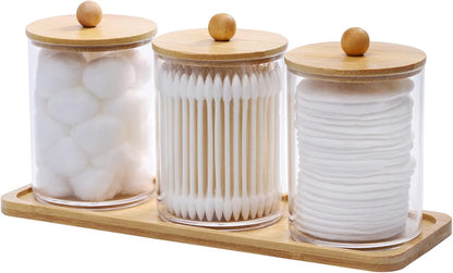 Tbestmax Cotton Swab Holder - Clear Apothecary Jar with Vanity Tray | 10 Oz, 3 Pack with Wood Lids